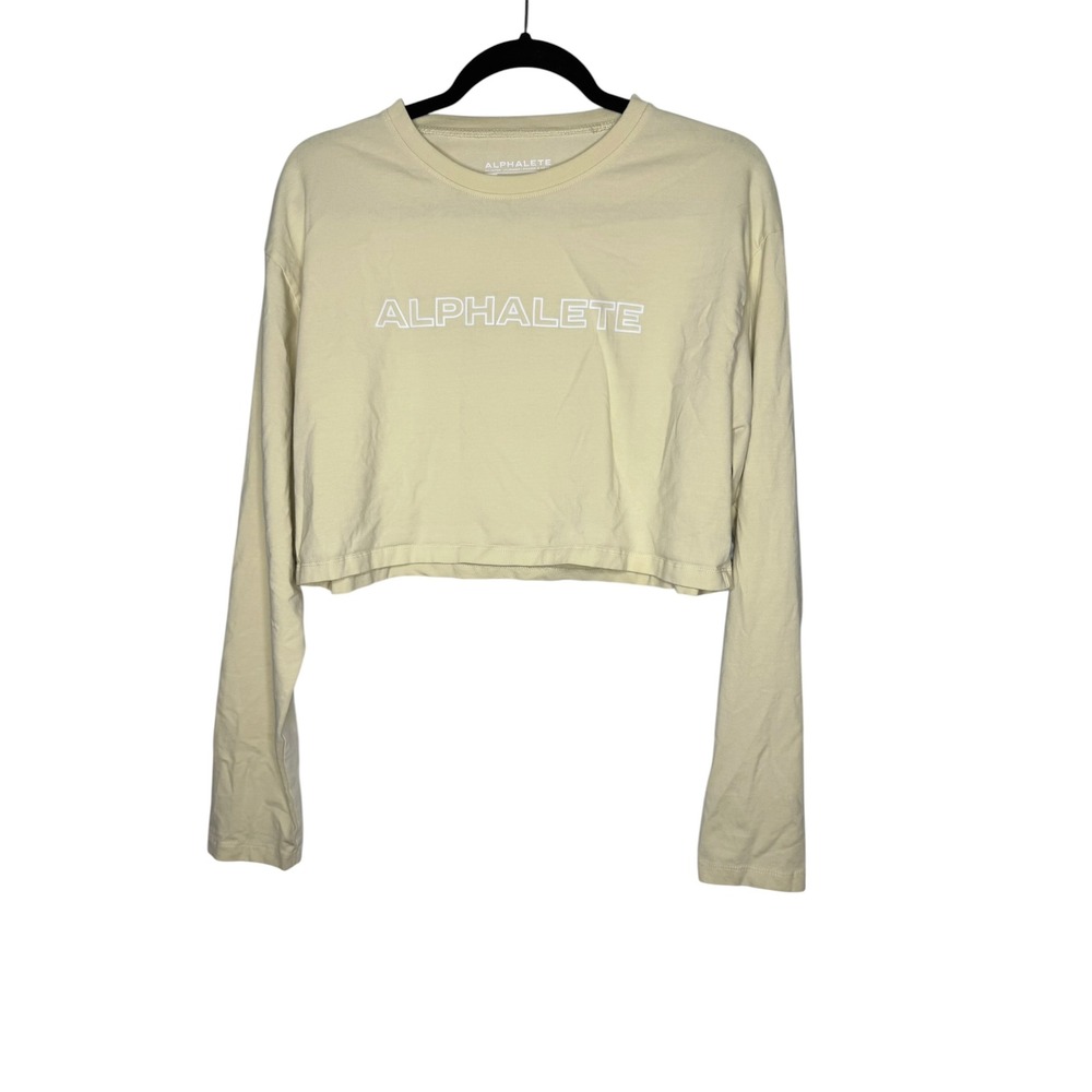 Alphalete Womens Long Sleeve Crop Top Pale Yellow Lifestyle Fit Large‎ Logo Tee